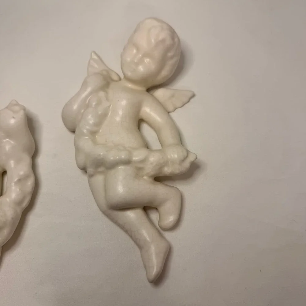 Vintage Ceramic Cherub Wall Hanging Pair Cream Angel Garland Set 7 Inch Cherubim